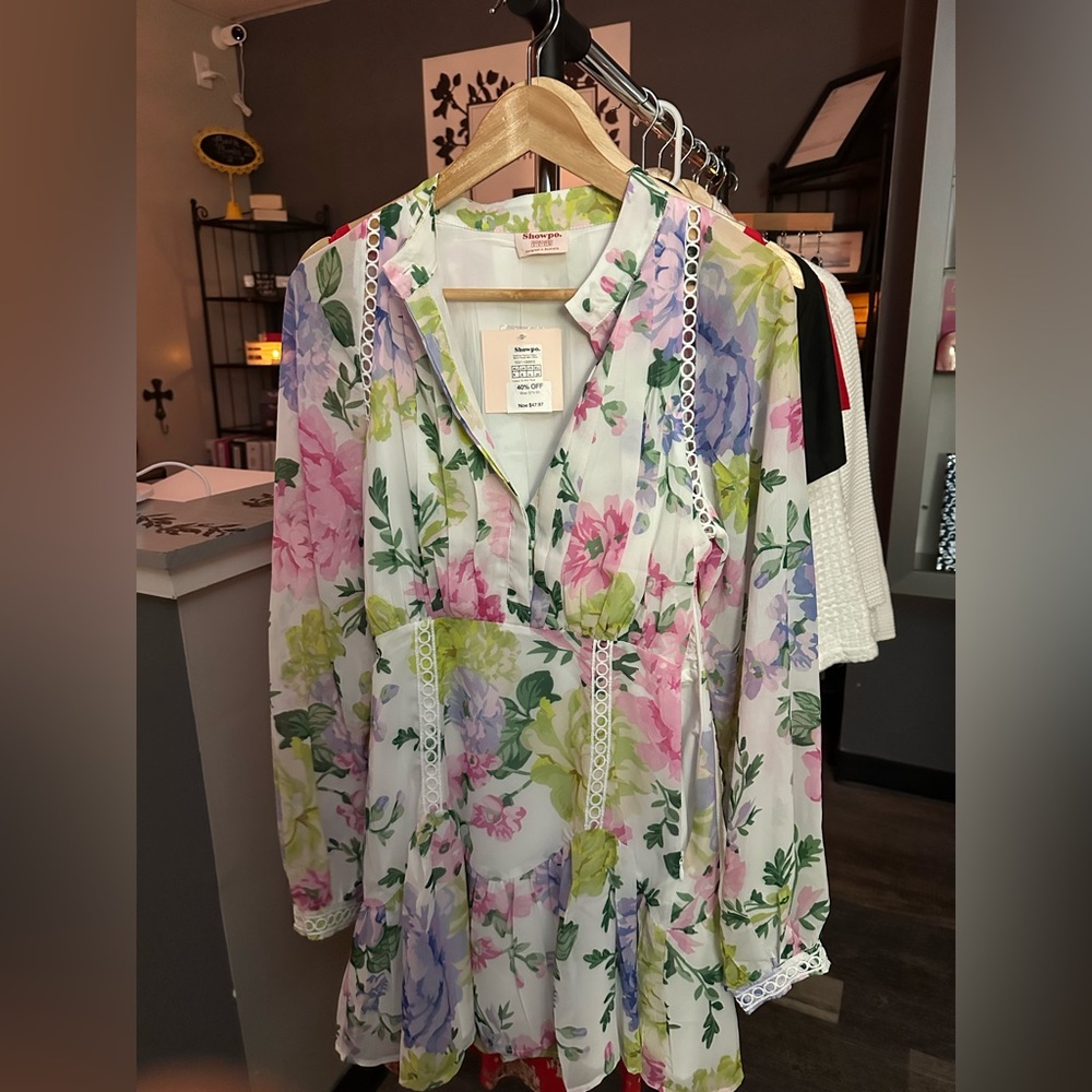 Showpo Green and Purple Floral Mandarin Collar Long Sleeve Dress